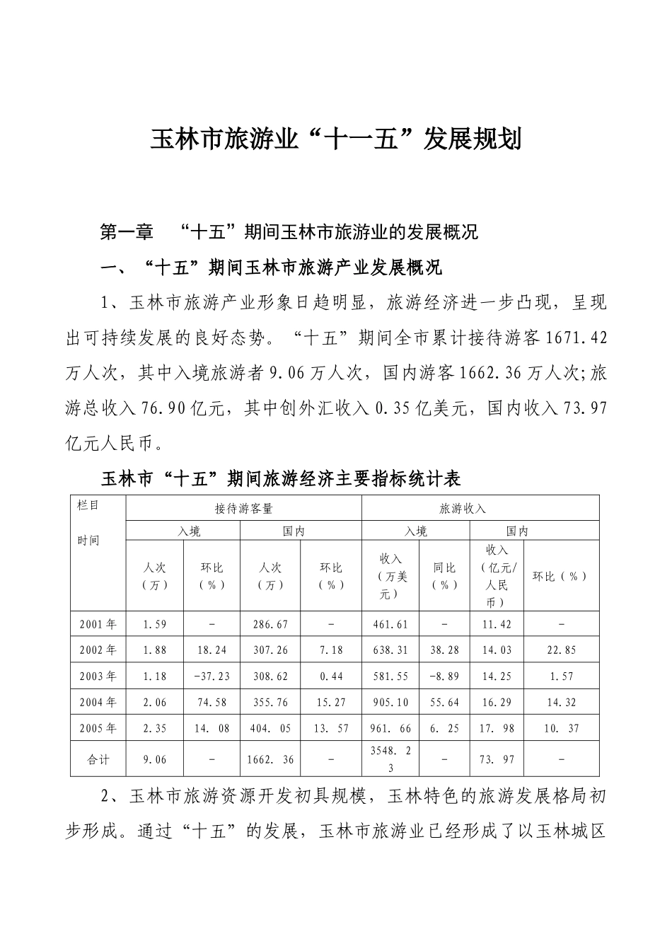 玉林市旅游业“十一五”发展规划_第1页