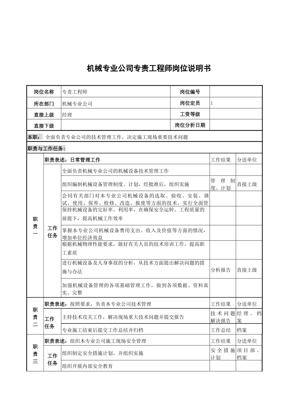 机械专业公司专责工程师岗位说明书_第1页