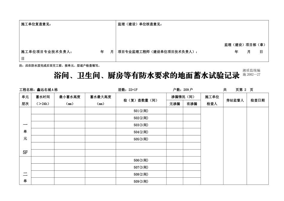 浴间、卫生间、厨房等有防水要求的地面蓄水试验记录_第2页