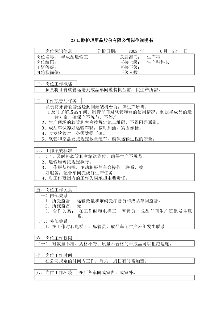 医药行业-生产科-半成品运输工岗位说明书_第1页
