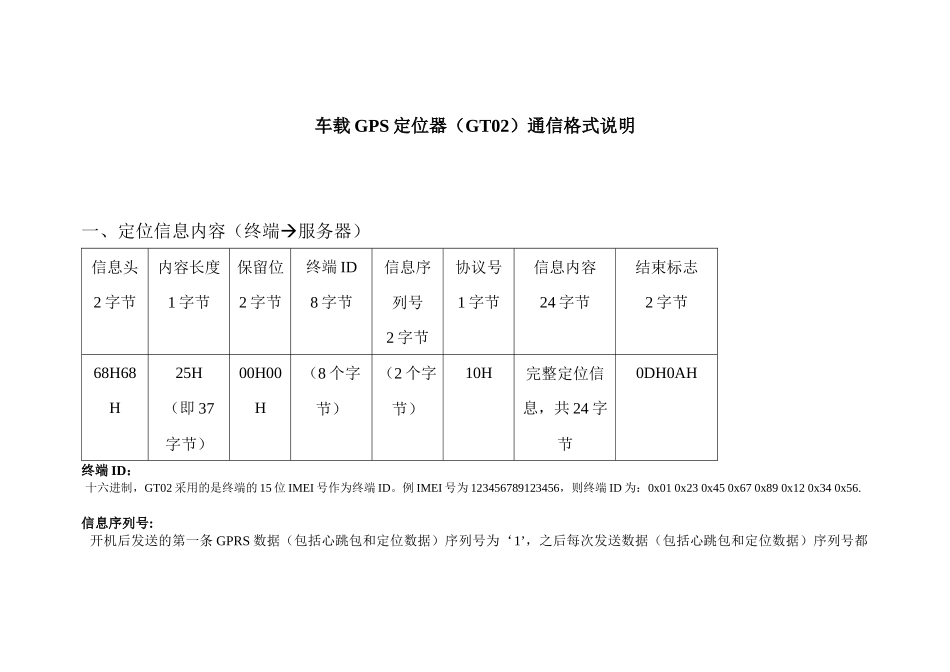 车载GPS定位器（GT02）通信格式说明_第1页