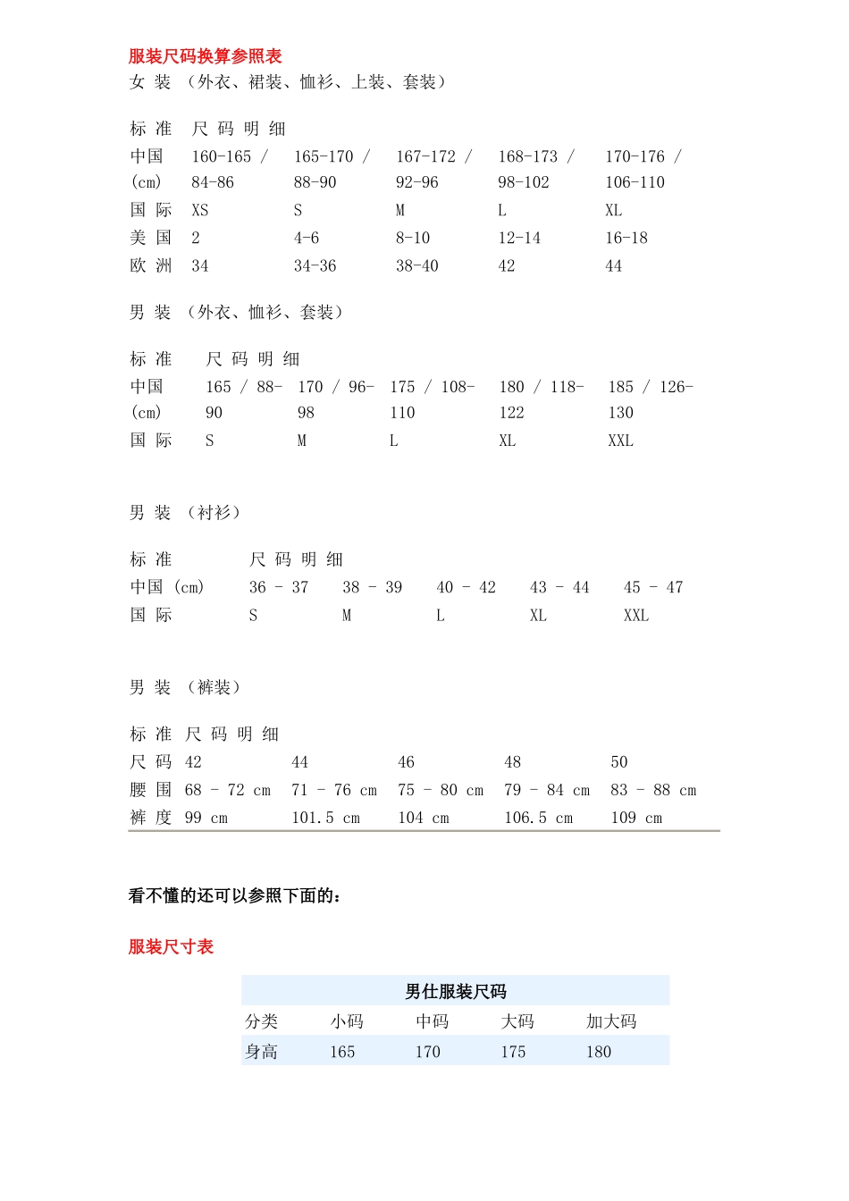 服装尺码换算参照表（DOC 8）_第1页