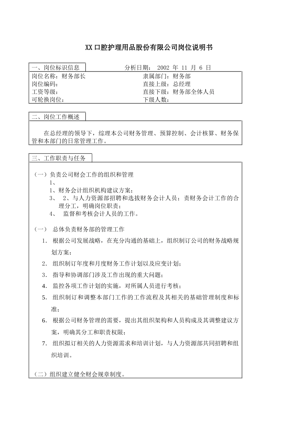 医药行业-财务部部长岗位说明书_第1页