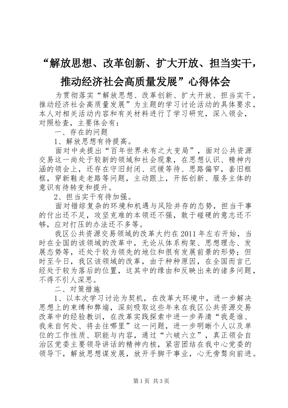 “解放思想、改革创新、扩大开放、担当实干，推动经济社会高质量发展”心得体会_第1页