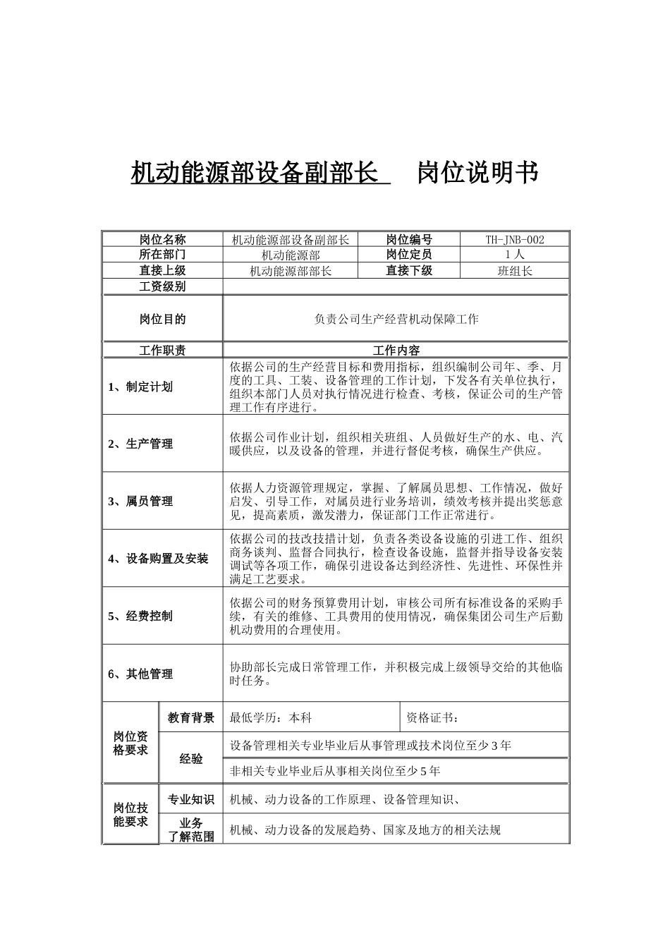 机动能源部设备副部长岗位说明书_第1页