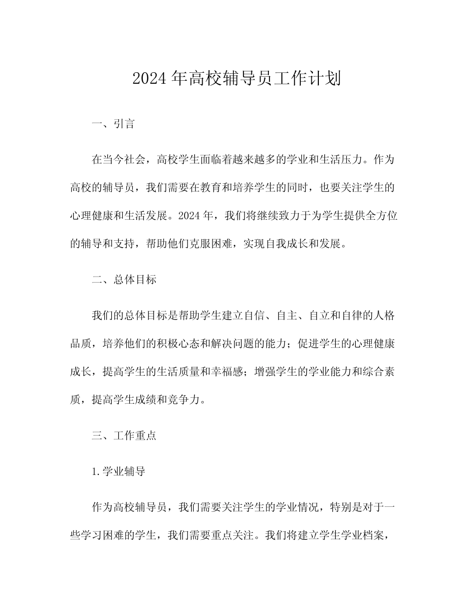 2024年高校辅导员工作计划_第1页