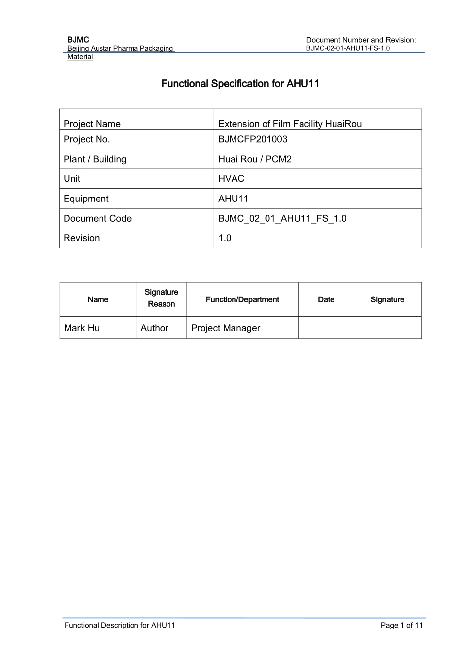 洁净空调系统功能描述(英文版)_第1页