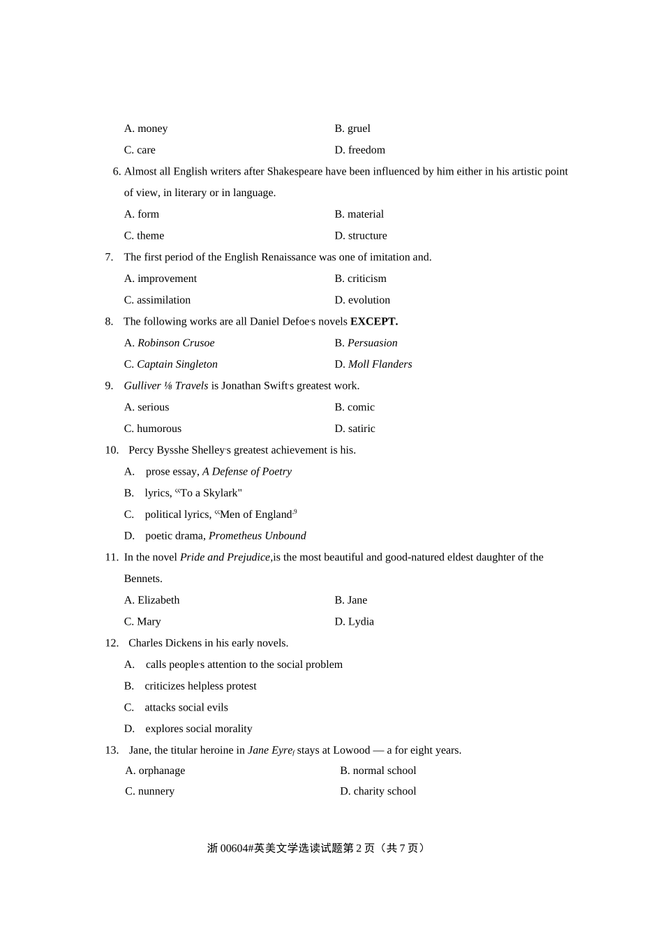 2023年4月自考00604英美文学选读试题及答案含评分标准_第2页