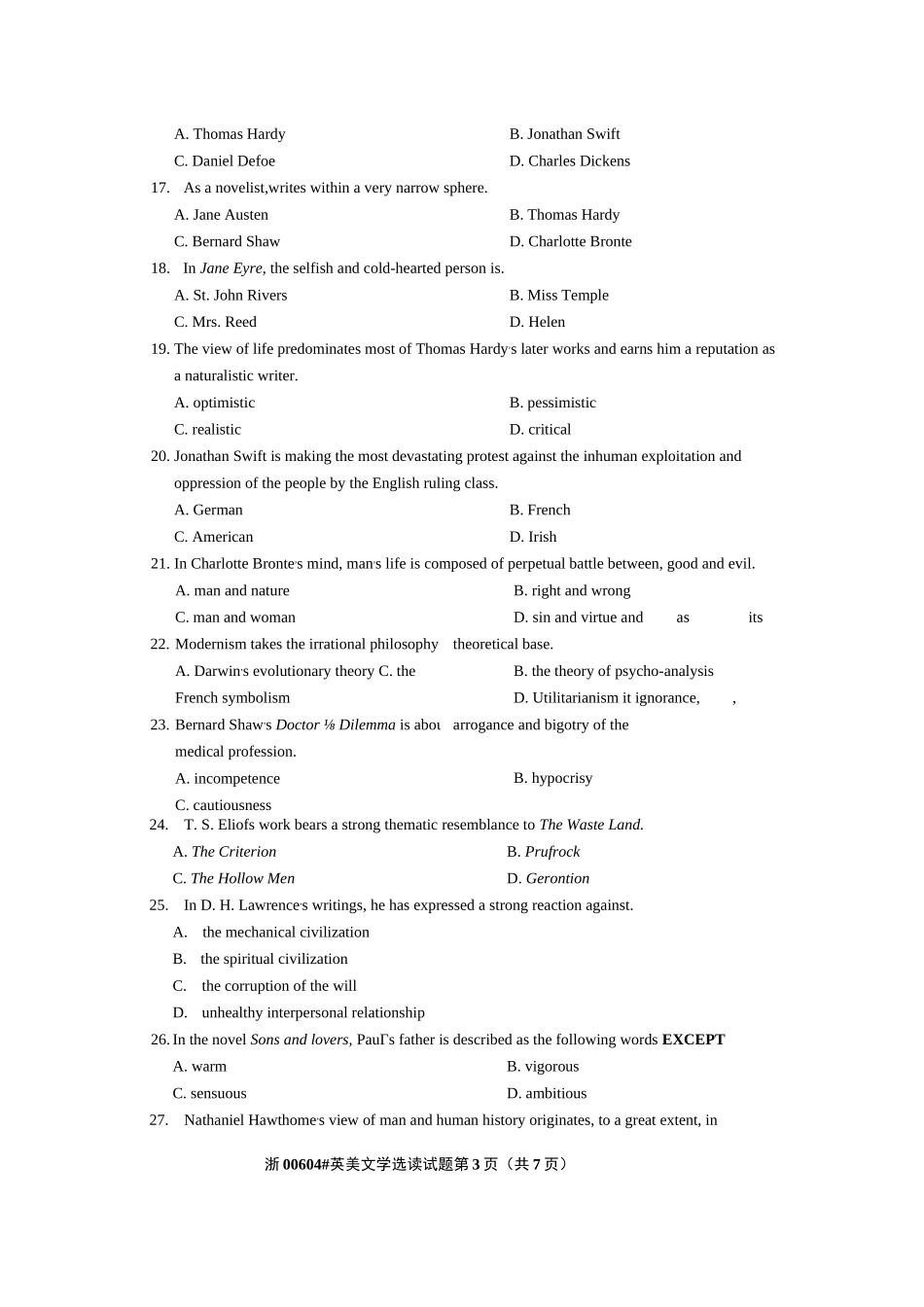 2023年10月自考00604英美文学选读试题及答案含评分标准_第3页
