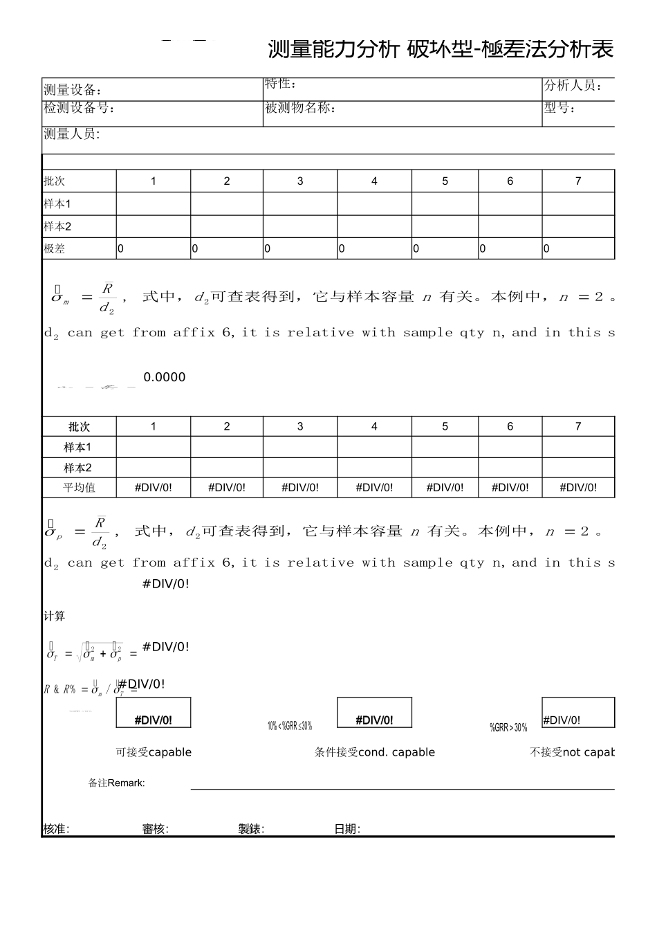 MSA测量能力分析-破坏型-极差法分析表_第1页