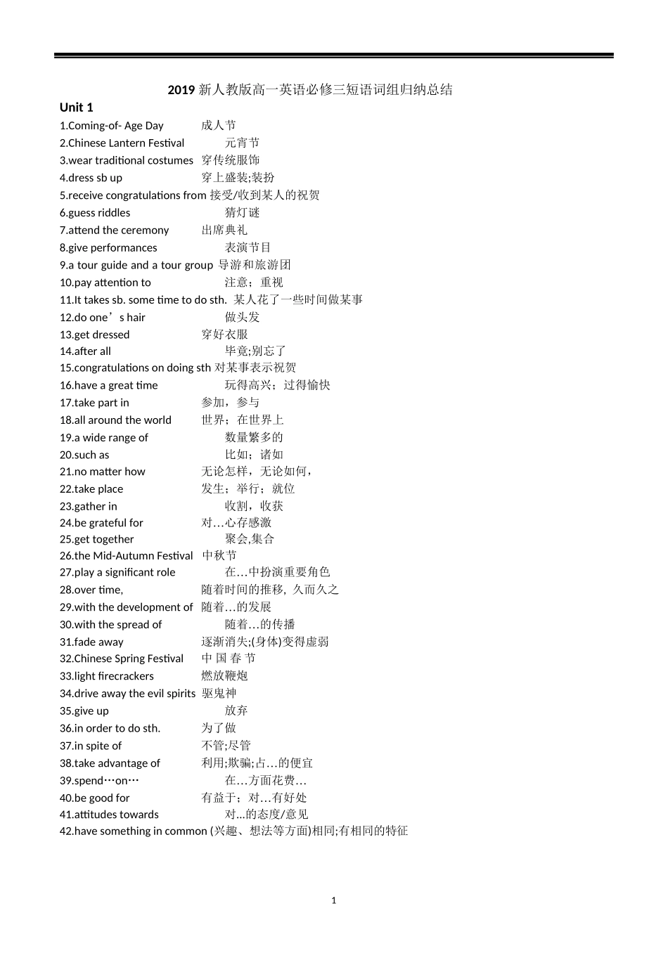2019人教版高一英语新教材必修三重点短语词组归纳小结_第1页