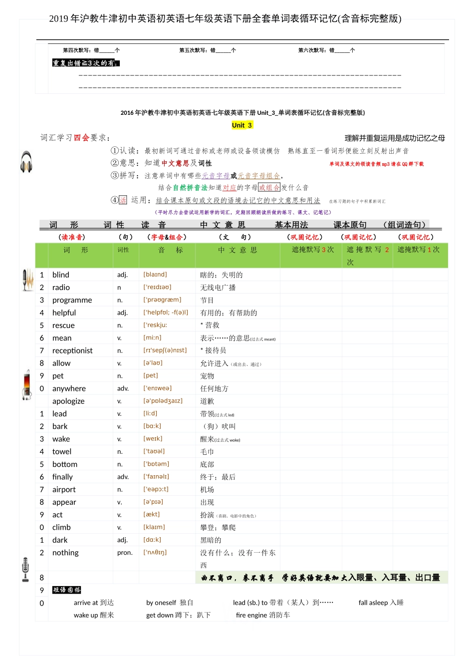 2019年沪教牛津初中英语初英语七年级英语下册全套单词表循环记忆(含音标完整版)_第3页