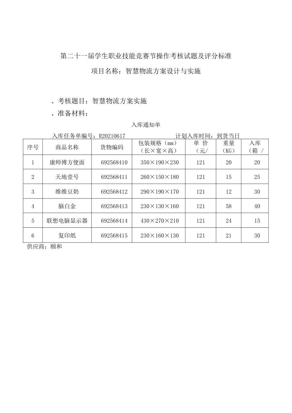2022年智慧物流方案设计与实施考核试题及评分标准_第1页