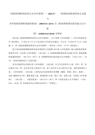 《评审准则》（2023版）、《检验检测机构通用要求》(RBT214—2017)及《实验室能力认可准则》(CNAS-CL01-2018)对照表 (1)