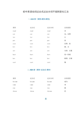 初中英语动词过去式过去分词不规则变化汇总