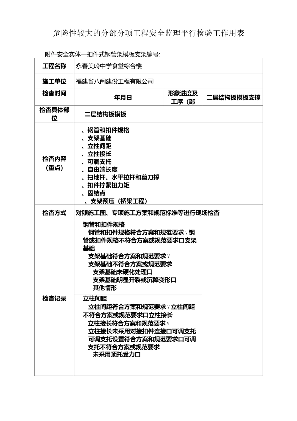 模板支撑平行检查记录_第1页