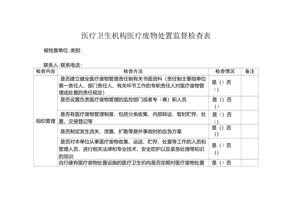 医疗卫生机构医疗废物处置监督检查表_第1页