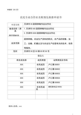 农民专业合作社名称预先核准申请书