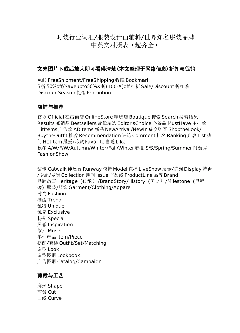 时装行业词汇服装设计面辅料世界知名服装品牌_第1页
