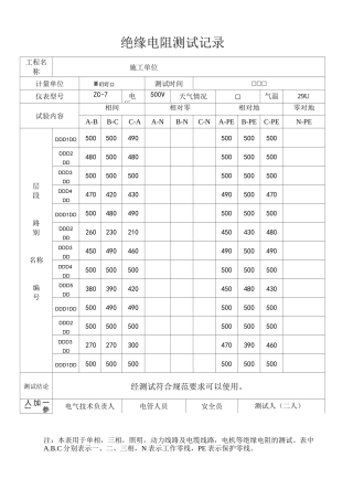 绝缘电阻检测记录表