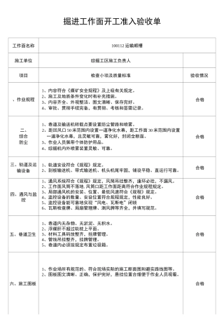 掘进工作面开工准入验收单