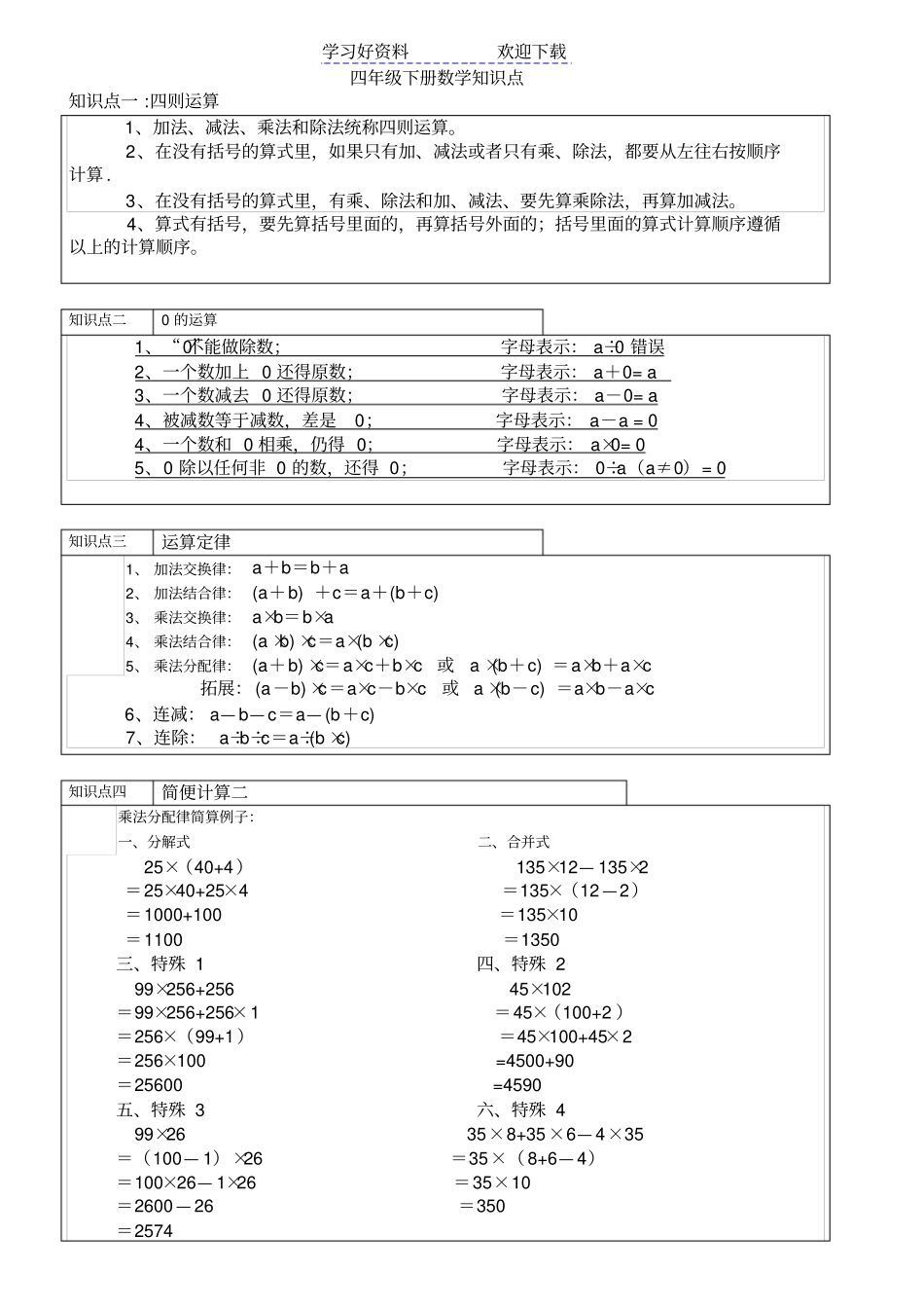 四年级下册数学知识点概念复习资料_第1页