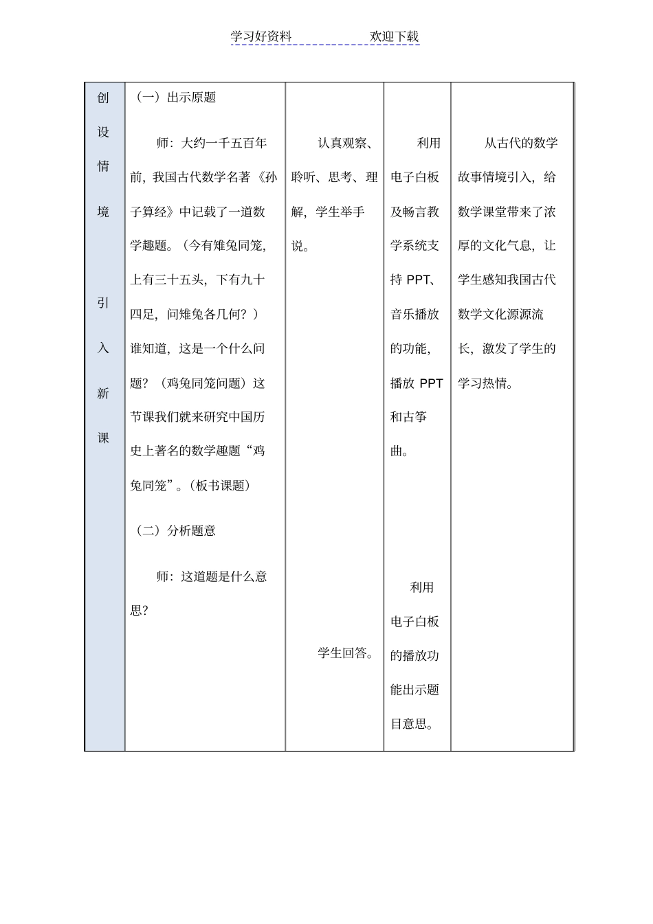 四年级下册鸡兔同笼教学设计_第3页