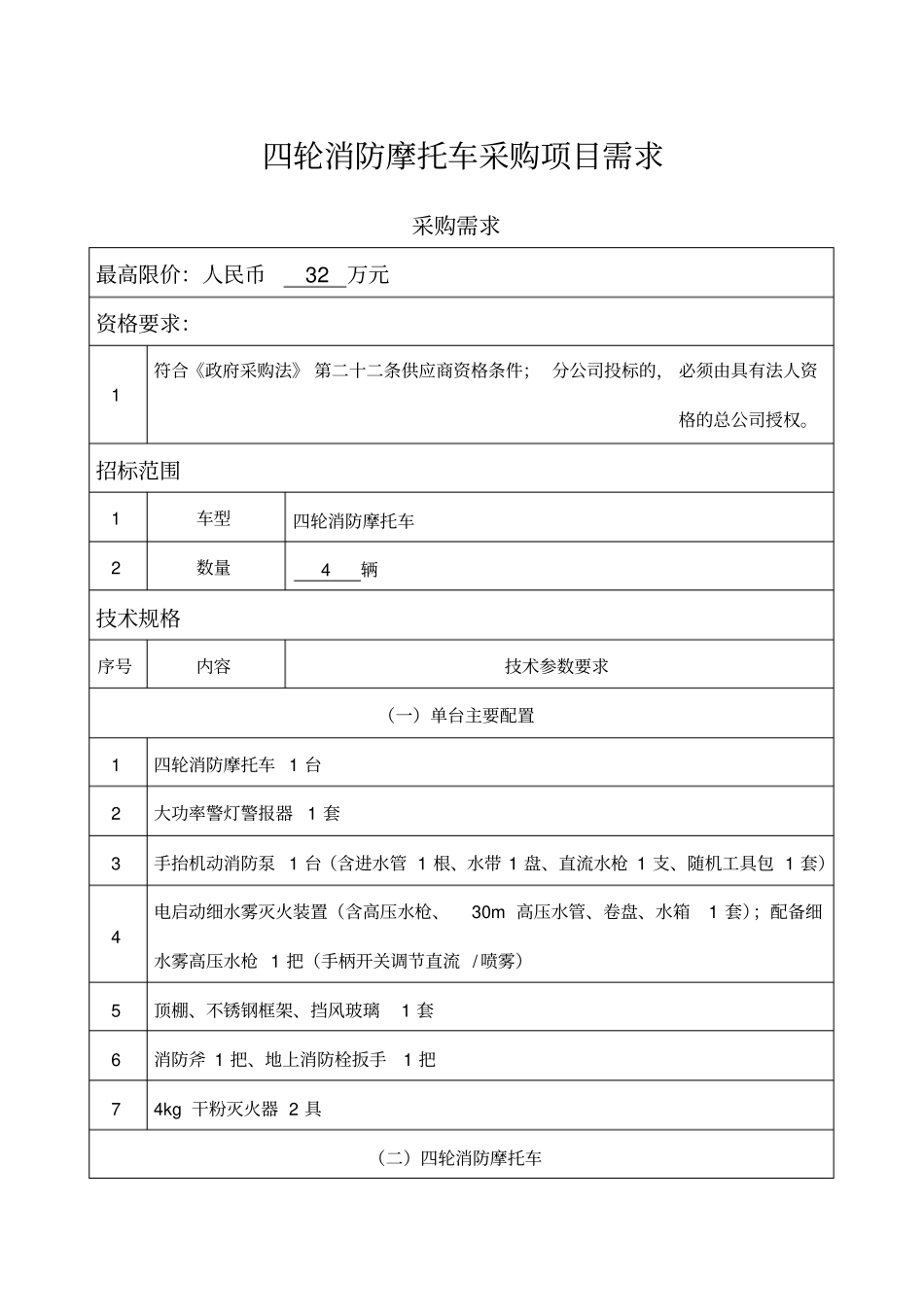 四轮消防摩托车采购项目需求_第1页