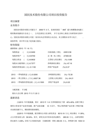 国民技术股份公司项目投资报告