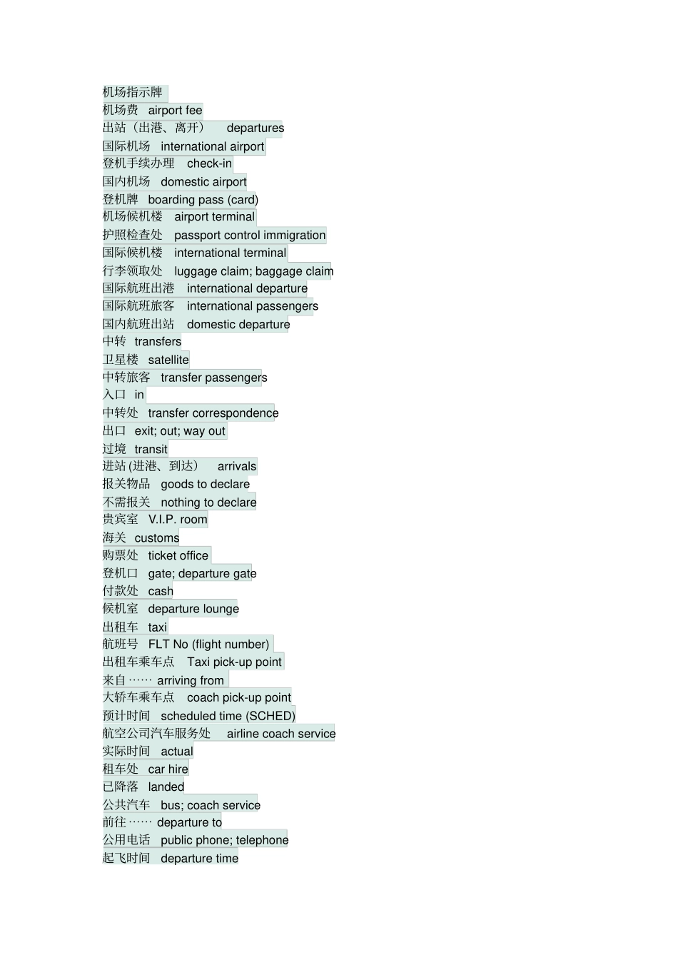 国际机场登机转机标志及常用语中英文对照_第1页