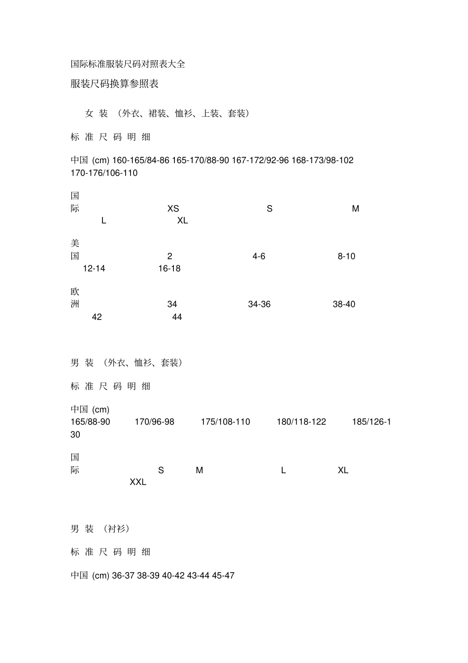 国际标准服装尺码对照大全_第1页