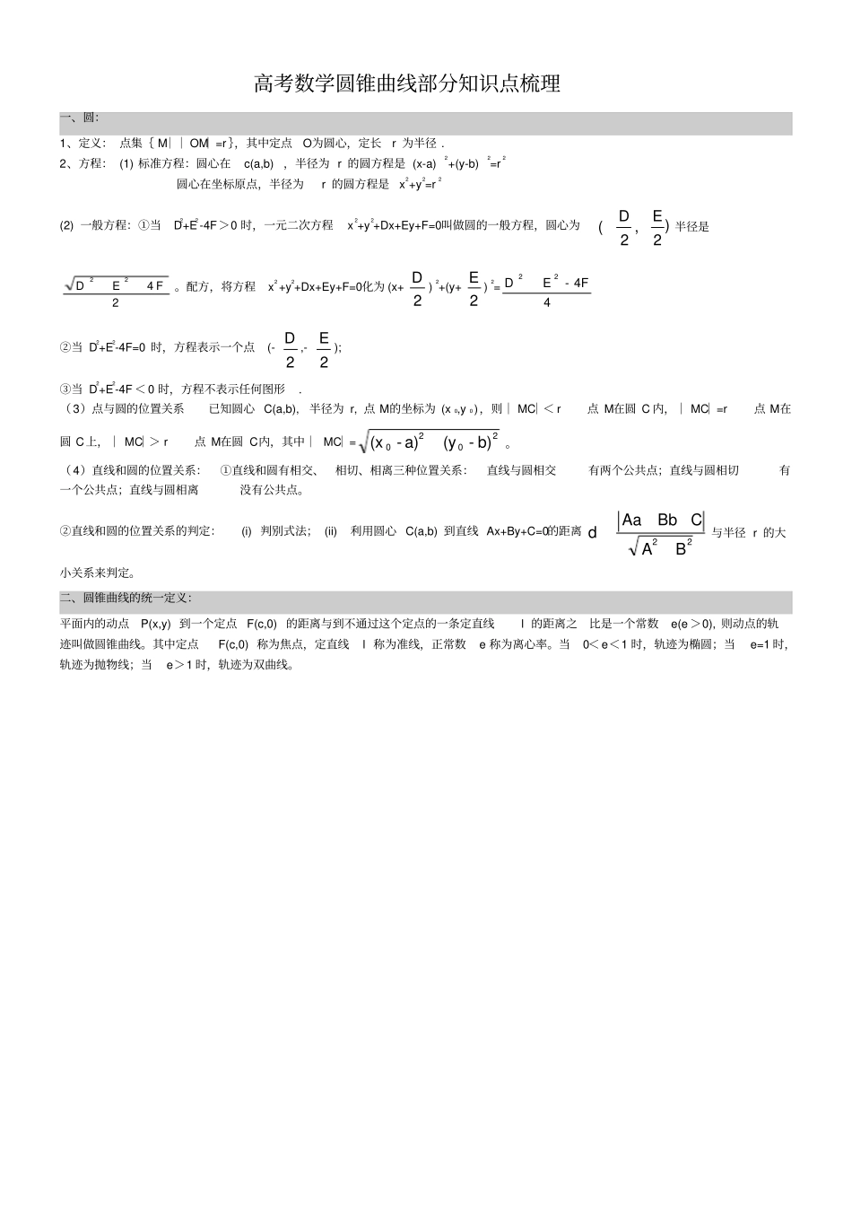 圆锥曲线知识点梳理文科_第1页