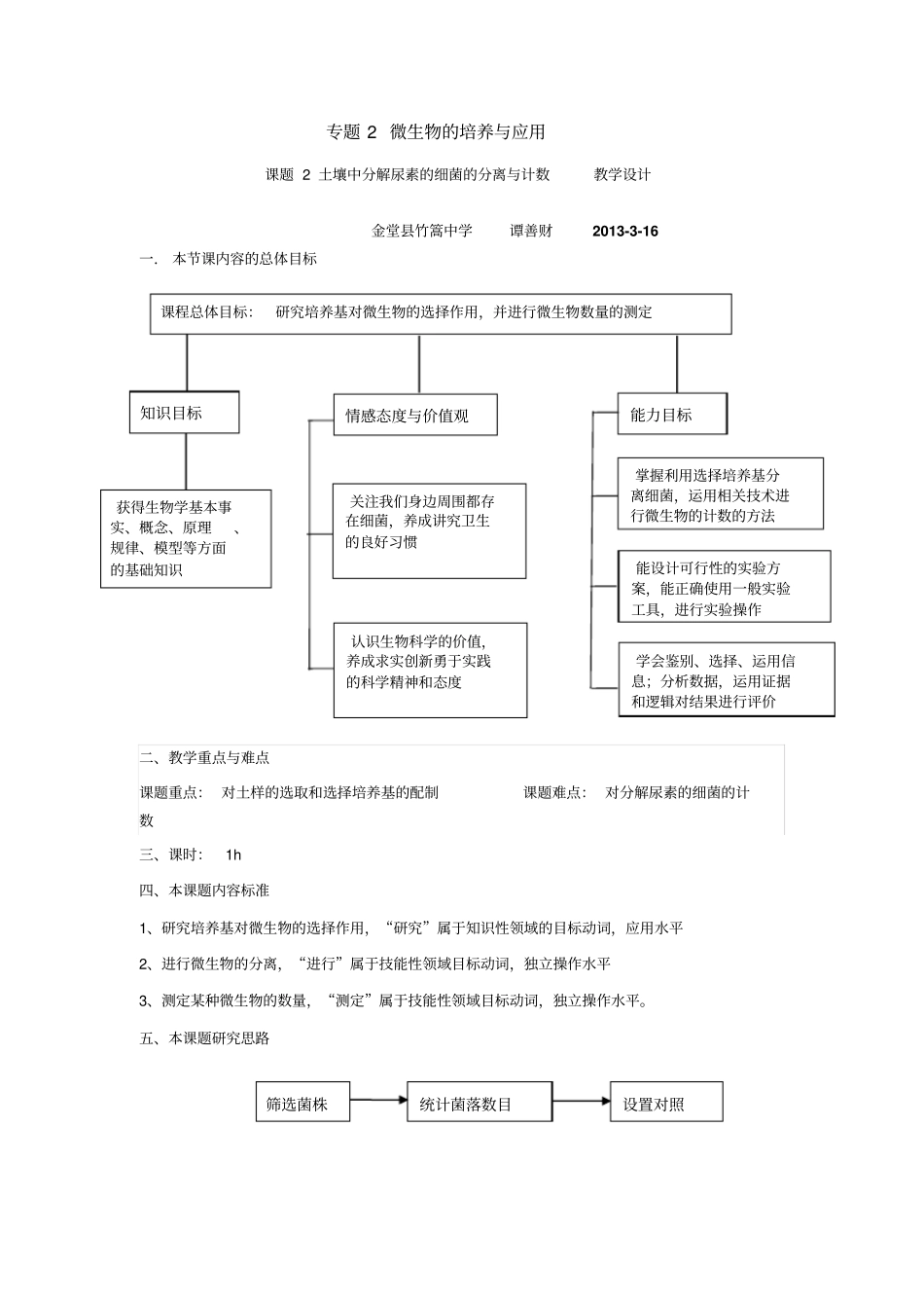 土壤中分解尿素的细菌的分离和计数教学设计_第1页