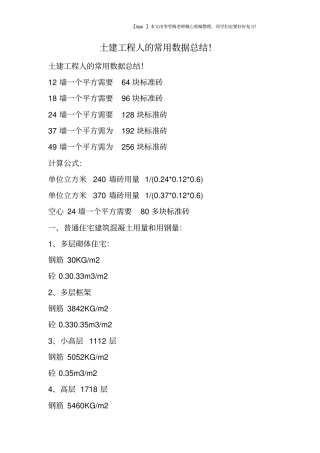 土建工程人的常用数据总结!