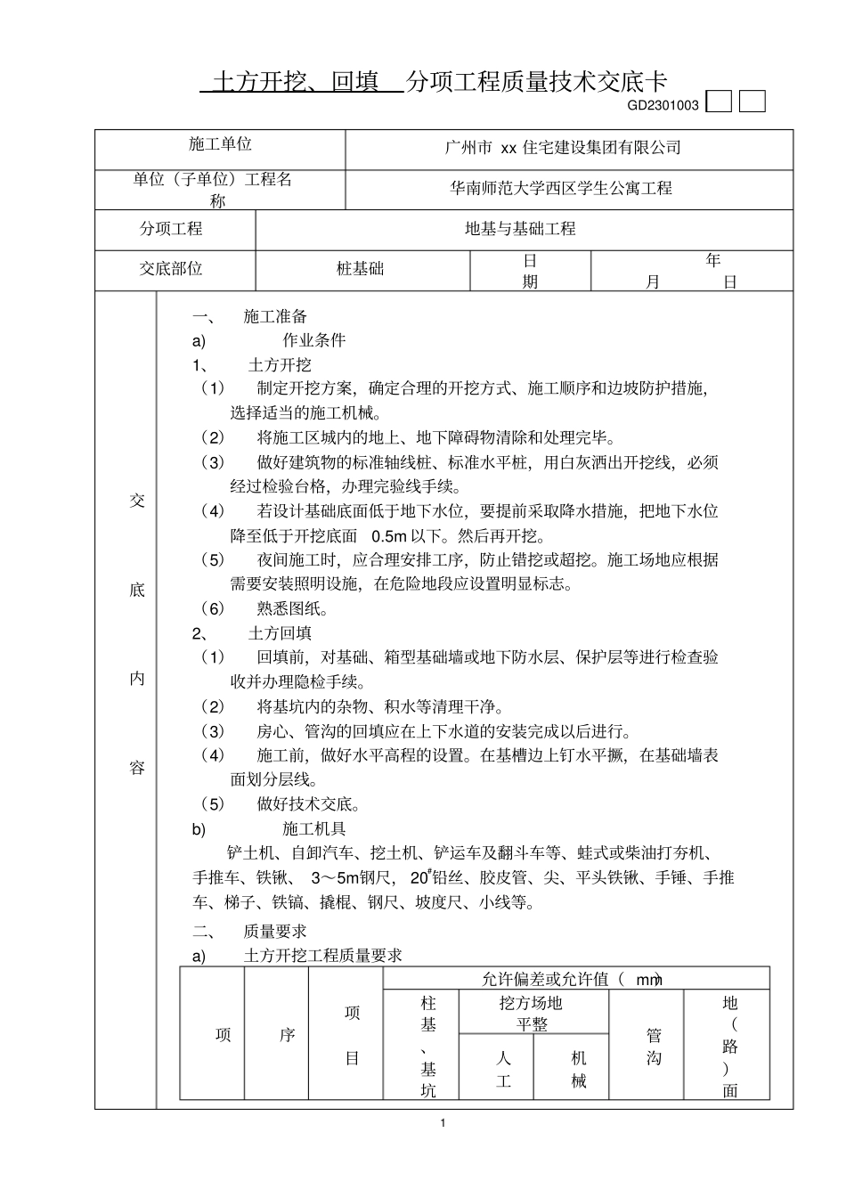 土方开挖、回填分项工程质量技术交底卡_第1页