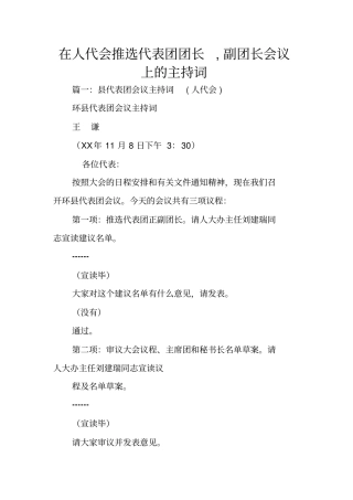 在人代会推选代表团团长,副团长会议上的主持词