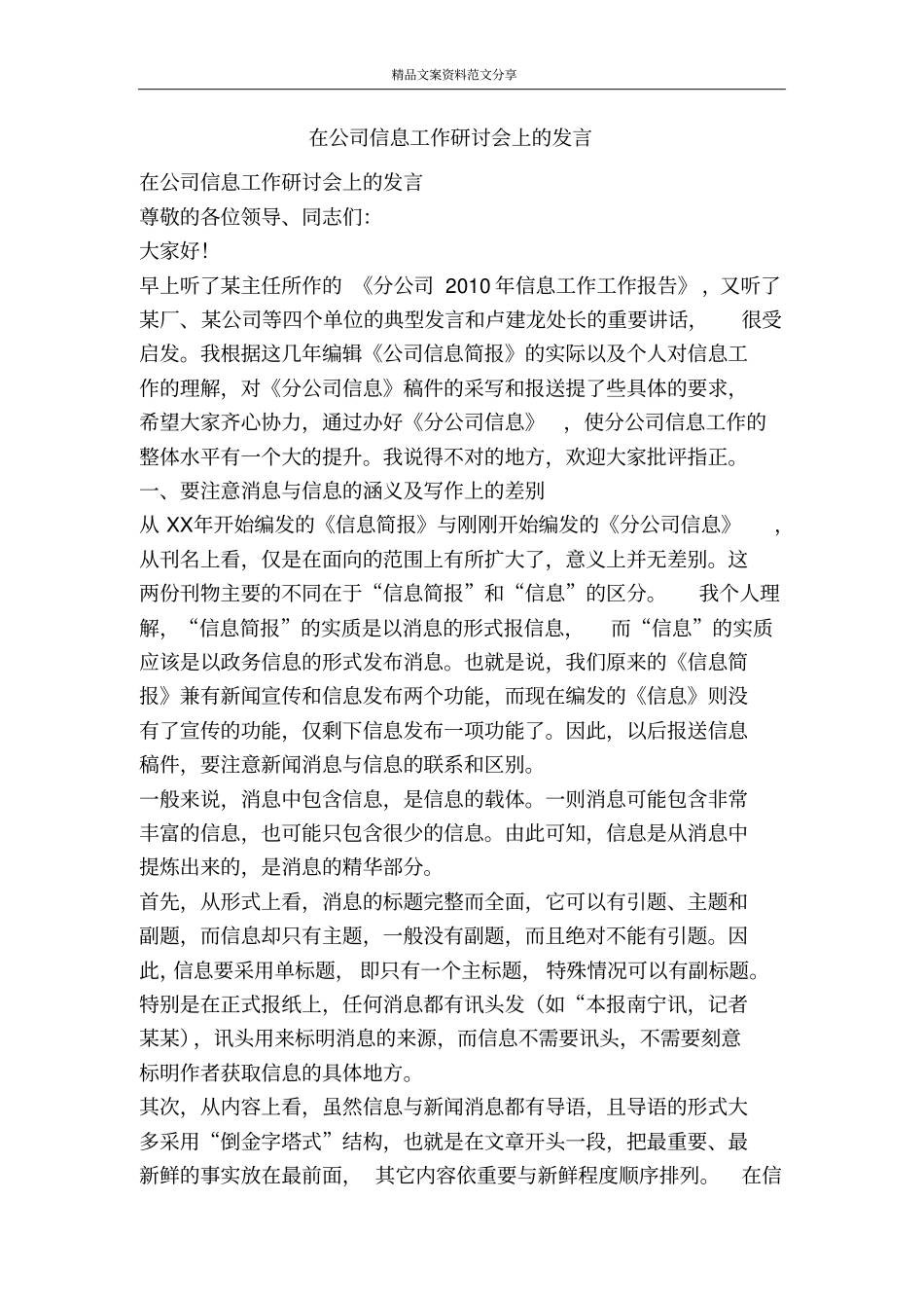在公司信息工作研讨会上的发言-精品文案范文_第1页