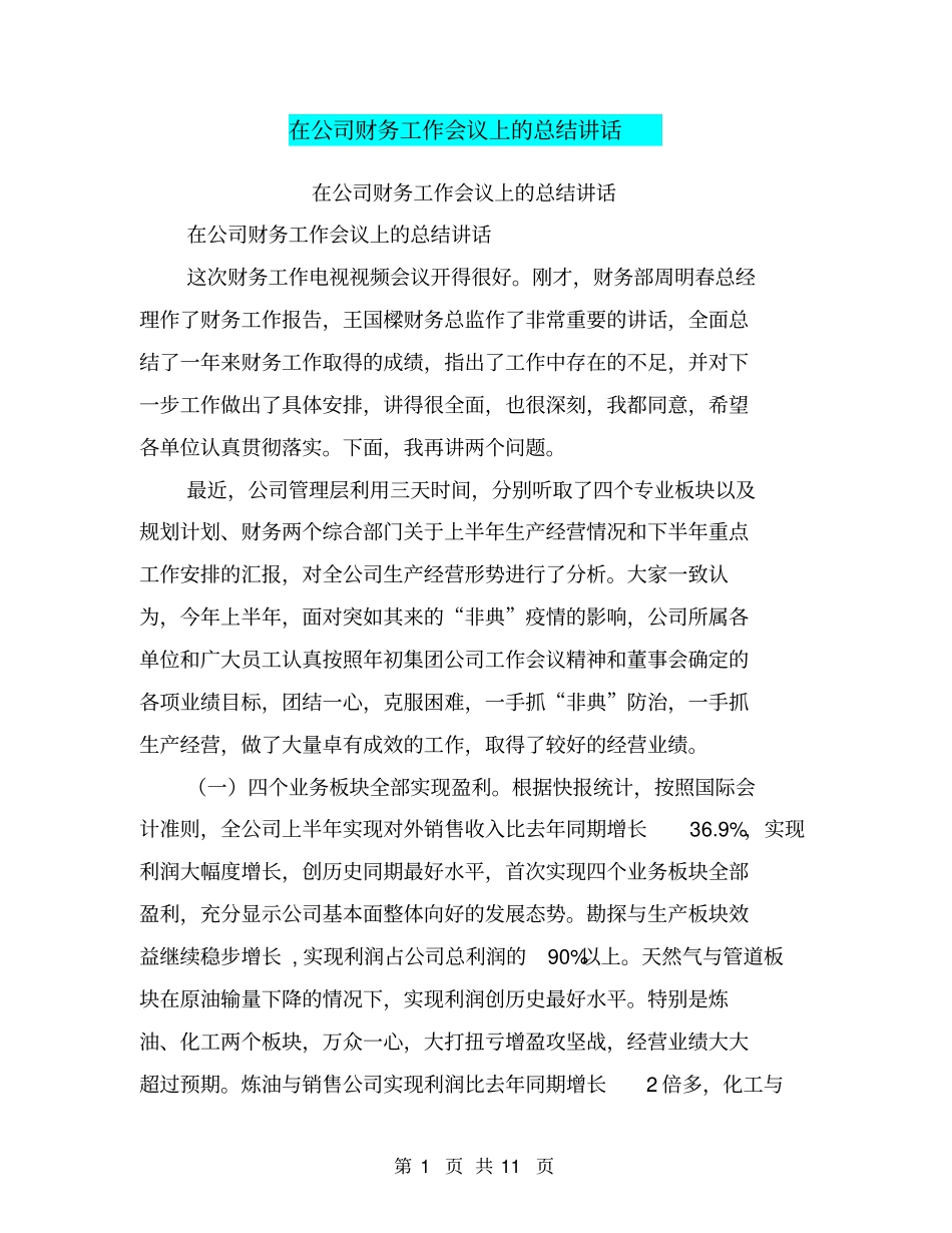 在公司财务工作会议上的总结讲话【可编辑版】_第1页