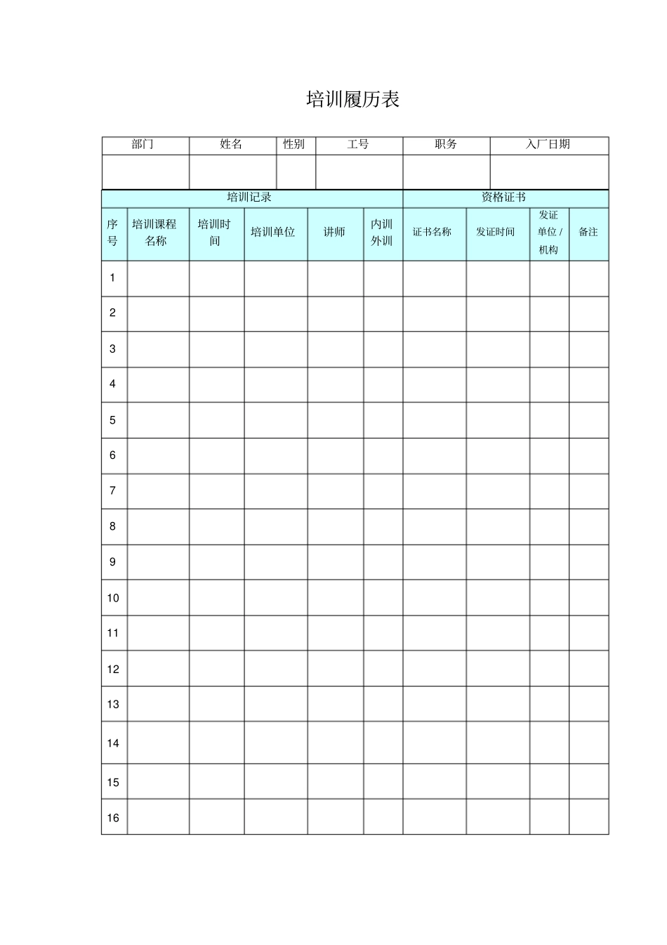 培训履历表表单模版_第1页