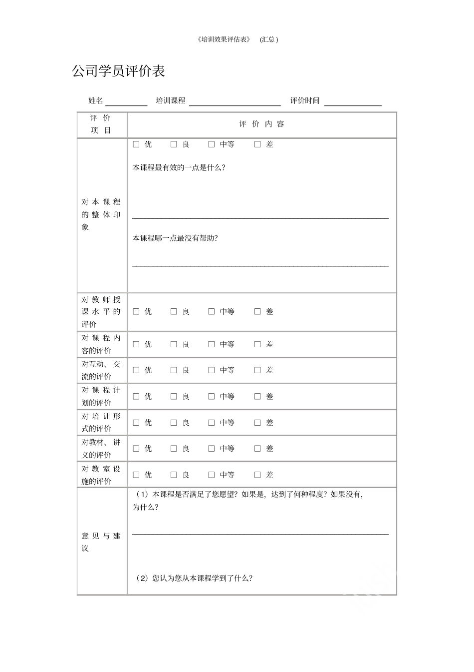 培训效果评价表汇总_第3页