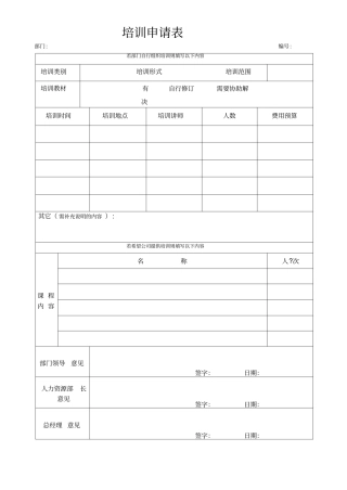培训申请表部门用