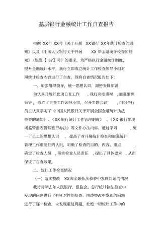 基层银行金融统计工作自查报告