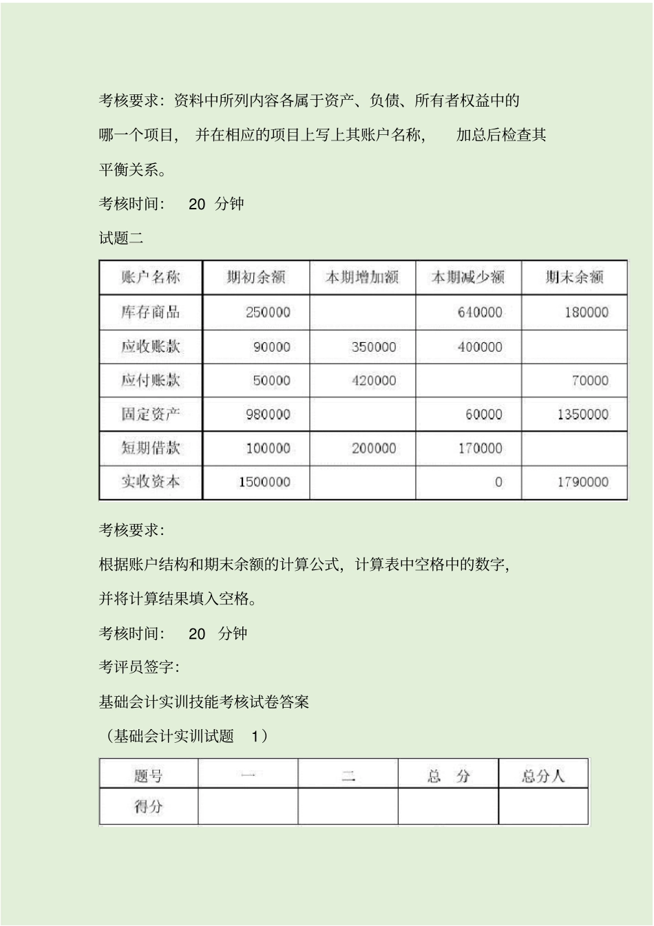 基础会计实训考试题及答案五套_第3页