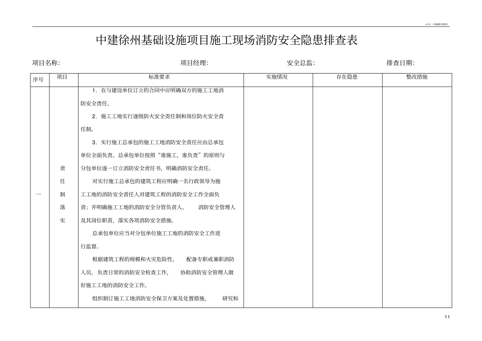 基础设施项目施工现场消防安全隐患排查表_第1页