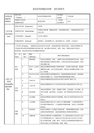 基金托管部副总经理岗位说明书