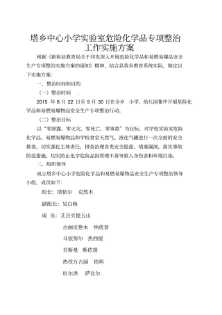 塔乡中心小学试验室危险化学品专项整治工作实施方案