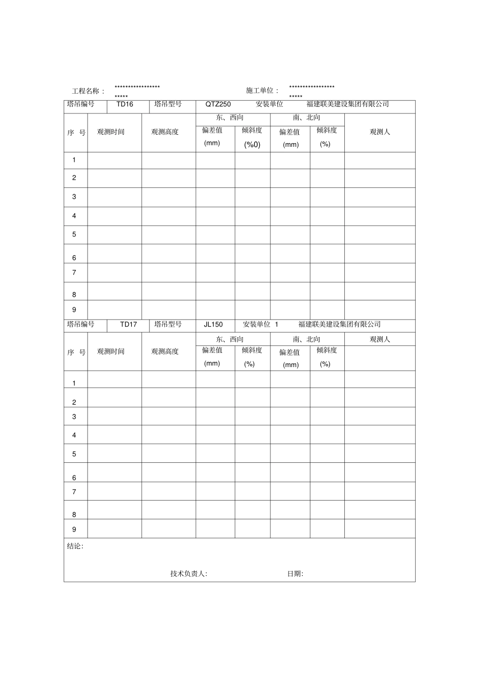 塔吊垂直度观测记录表最新版_第3页