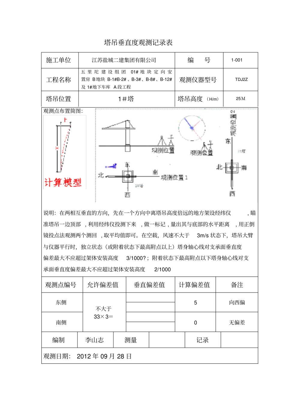 塔吊垂直度观测记录表_第1页