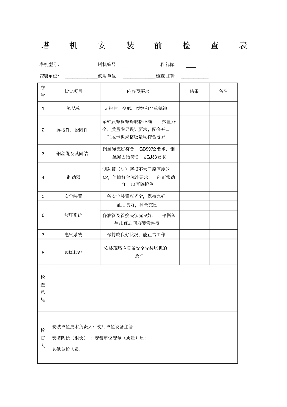 塔吊安装前检查表安装自检表基础验收报告_第1页