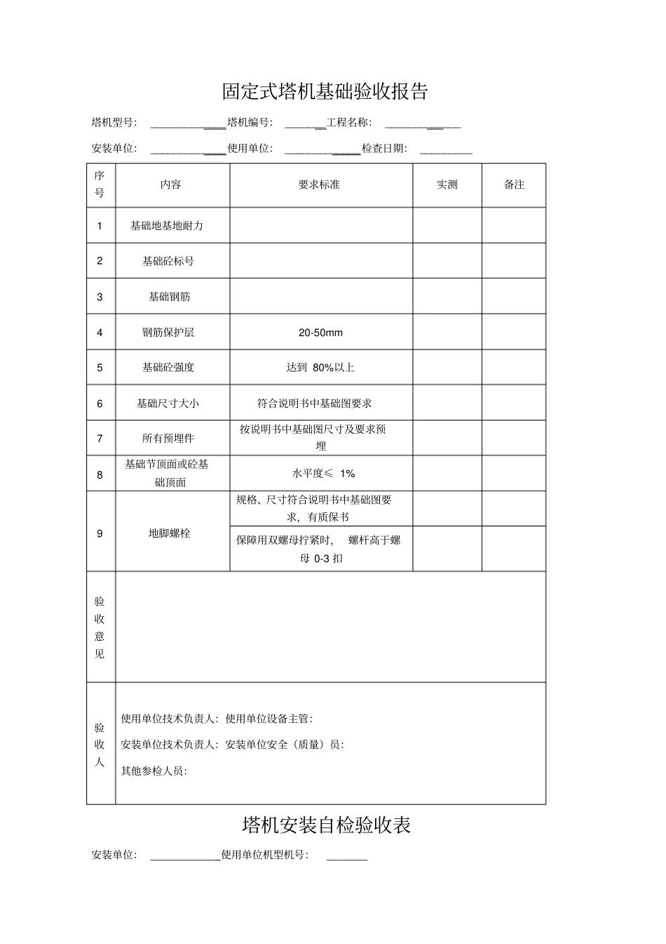 塔吊安装前检查表安装自检表基础验收报告_第2页